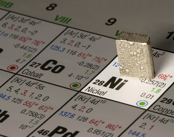 A picture of raw Nickel on a periodic table