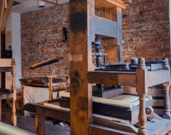 An image of a reconstruction of an 18th century wooden printing press