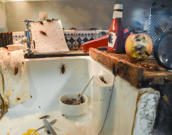 A picture of a kitchen that's infested with cockroaches.
