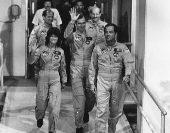 A photo of Sally Ride and the crew getting ready to board for the STS-7 Space Shuttle mission