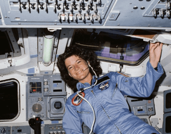 A photo of Sally Ride, a Mission Specialist on the flight deck of the STS-7 Space Shuttle mission