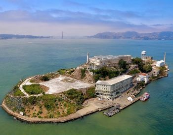 A side ariel picture of Alcatraz and Alcatraz Island