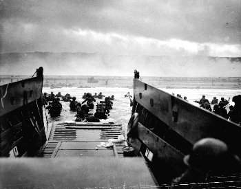 A picture of the first wave at Omaha beach on D-Day in Normandy