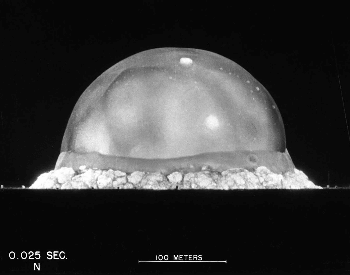 A picture of the first nuclear explosion, known as the trinity test, 0.25 seconds after detenotion