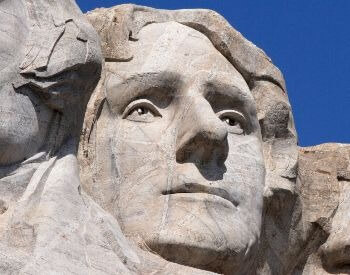 A close-up picture of Thomas Jefferson on Mount Rushmore