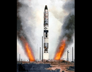 A picture of the launch of a United States Titan II liquid-fueled intercontinental ballastic missle, also known as an ICBM