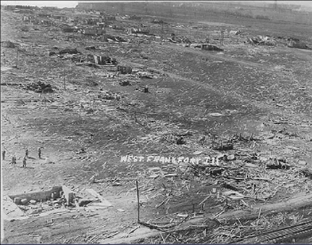 An ariel view of damage in West Frankfort, Illinois from the Tri-State Tornado