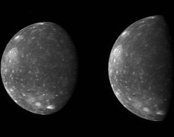 A photo of two images of Callisto taken by New Horizons Long Range Reconnaissance Imager.