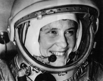 A photo of Valentina Tereshkova in her cosmonaut space suit before her trip