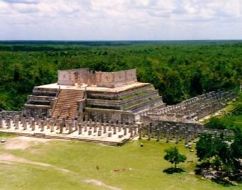 A picture of Chichen Itza taken by a drone in the sky